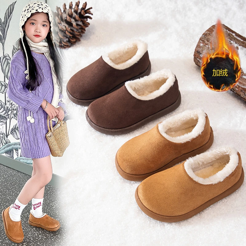

Boys Girls Winter Cotton Shoes 2025 New Toddler Kids Fleece Lined Leather Flats Soft Sole Non-slip Simple Kid Outdoor Low Boots