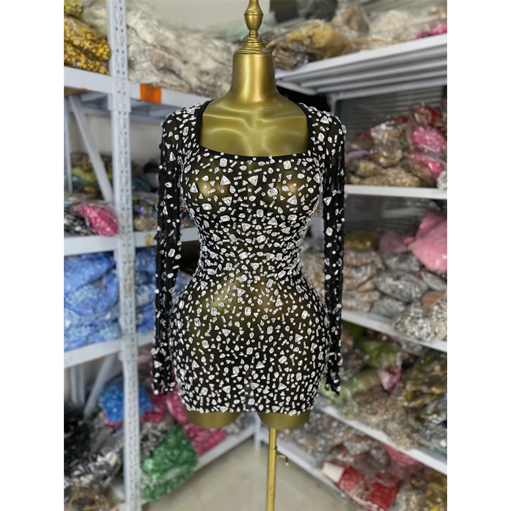 

Women Luxury Bright Rhinestones Mesh Black Long Sleeve Square Collar Bodycon Mini See Through Celebrity Evening Club Party Dress