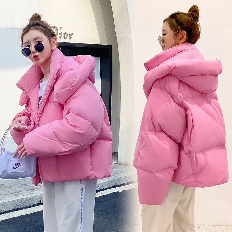 2024 Winter New Korea Loose Hooded Coat Women\'s Short Down Cotton Bread Jacket Solid color Casual Outwear Female Thicken Parker