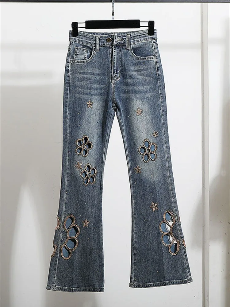 

Women's Jeans High Waist Straight Butterfly Shape Hollow Out Rhinestone Denim Trousers 2025 New Fashion Spring