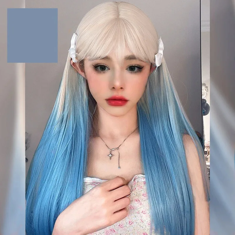 Trendy Pastel Pink Ombre Long Straight Wig | Full Cap Peach Blonde Hairpiece with Blunt Bangs for Teen Girls' Fashion