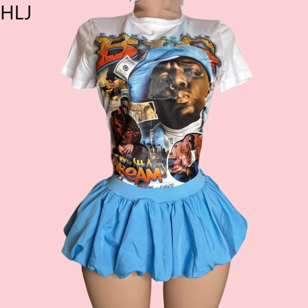 HLJ Y2K Grafitic Printing Tshirt and Mini Puffy Skirt Two Piece Outfits Sets For Women 2024 INS trendy Baddie Bubble Skirts Sets