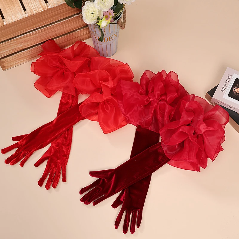 Elegant Velvet Dinner Dress Mittens Female Thin Long Full Finger Elastic Etiquette Sleeve Women Winter Driving Warm Glove 