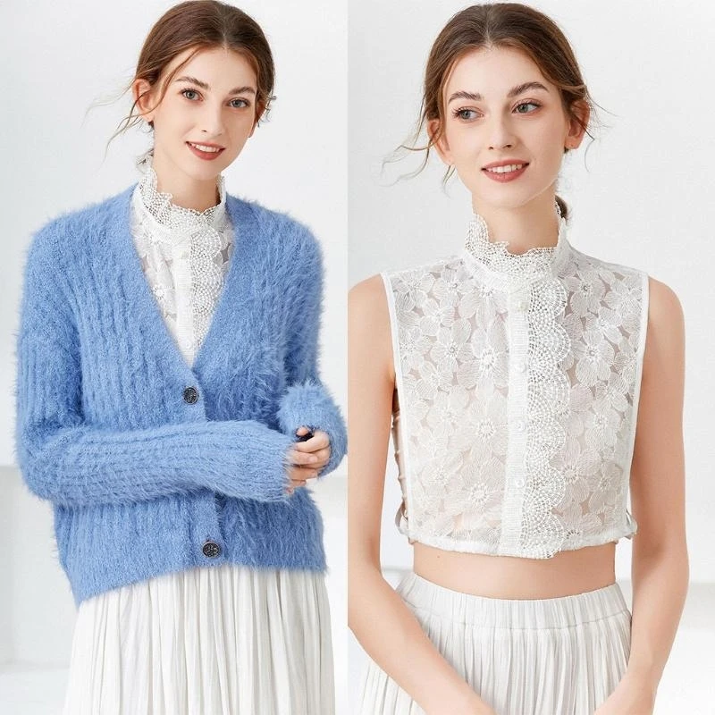Women Hollow Out Embroidery Lace Faux Collar Stand Half Shirt Blouse White Floral Decorative Detachable Dickey