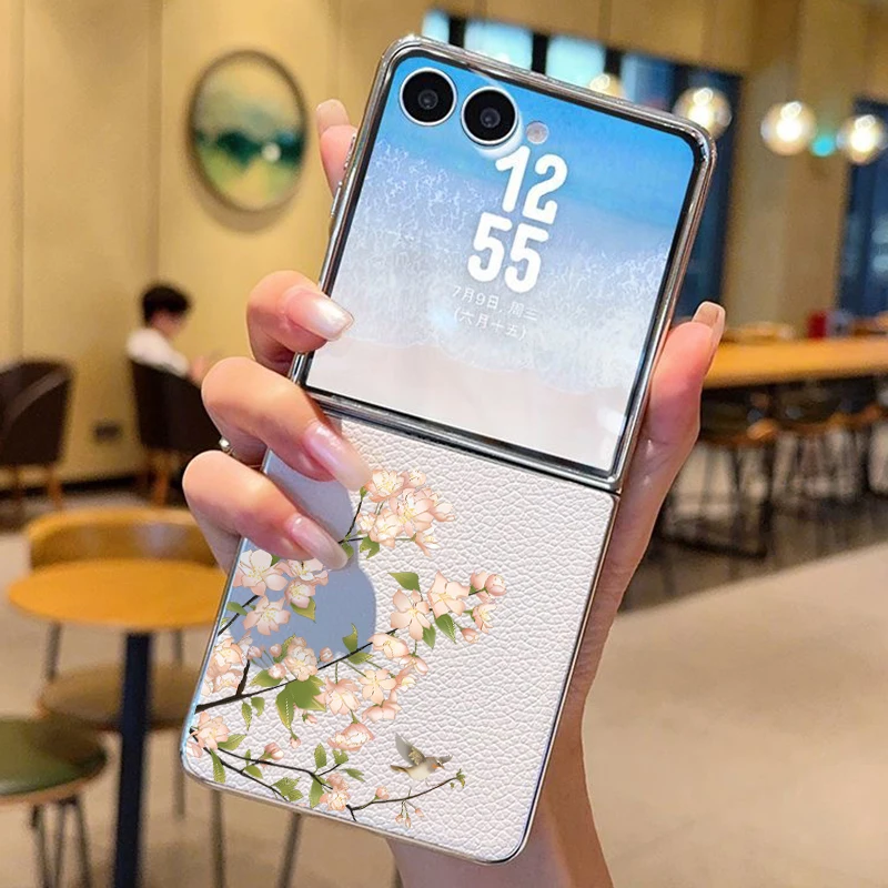 Little Flower Print Leather Phone Case For Samsung Galaxy Z Flip7 FE Flip6 Flip 7 6 5 5G Silver Plating Frame Hard Folding Cover