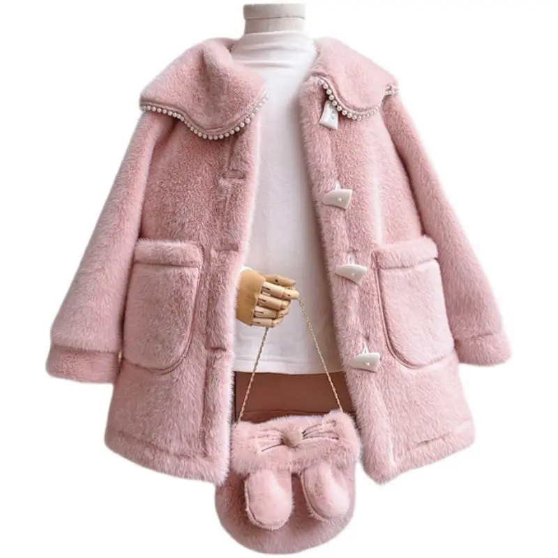 Kids Girls Coat Jacket Outwear Sweet Faux Fur Warm Plus Velvet Thicken Winter Woolen Coat Outdoor Fleece Children's Clothes