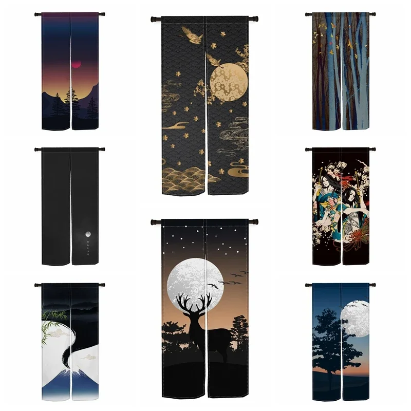 Estilo japonês noren porta cortinas lua veados guindaste velcro linho porta cortinas restaurante cozinha entrada dividir meia-cortinas