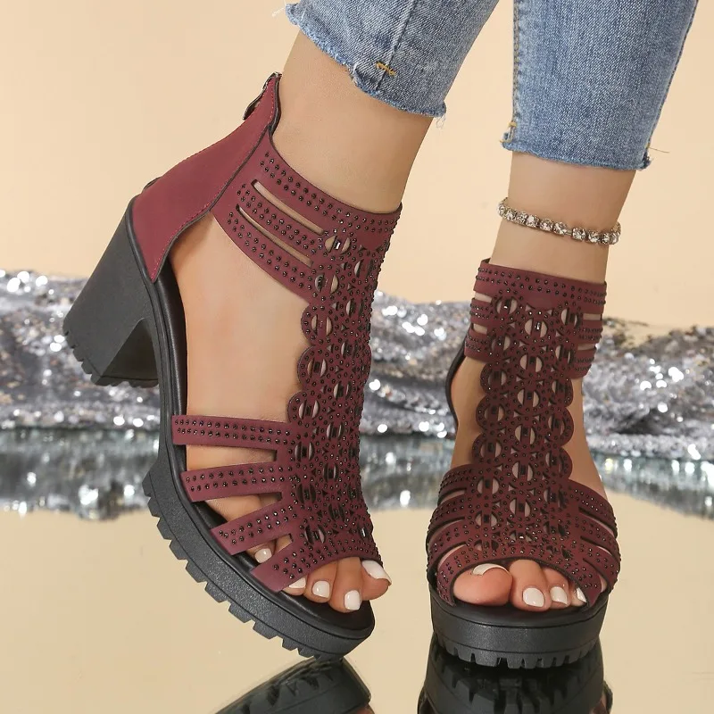 الصنادل الرومانية صيف جديد جولة تو المفتوحة تو حجر الراين مع انقطاع الخلفية سستة منصة عدم الانزلاق فم السمكة الكعوب #5