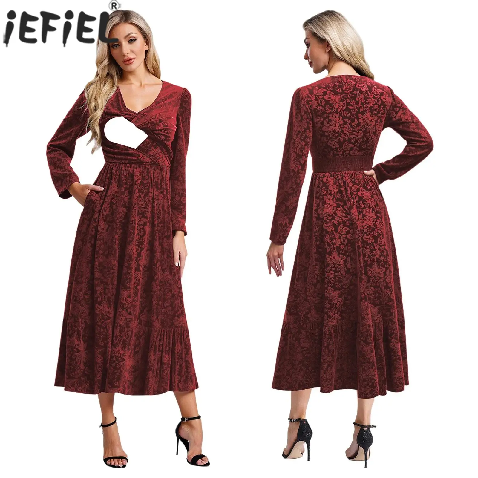 

Женское бархатное платье с цветочным принтом для свадьбы, дня рождения, для кормления грудью, макси-платья с длинным рукавом и v-образным вырезом, эластичное платье на талии