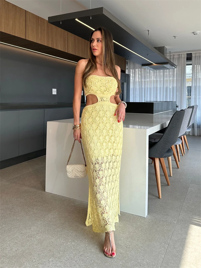 Robe longue transparente et Sexy, ajourée, sans manches, fente au Crochet, pour la plage, les vacances, été, couleur unie, à la mode, nouvelle collection 2025