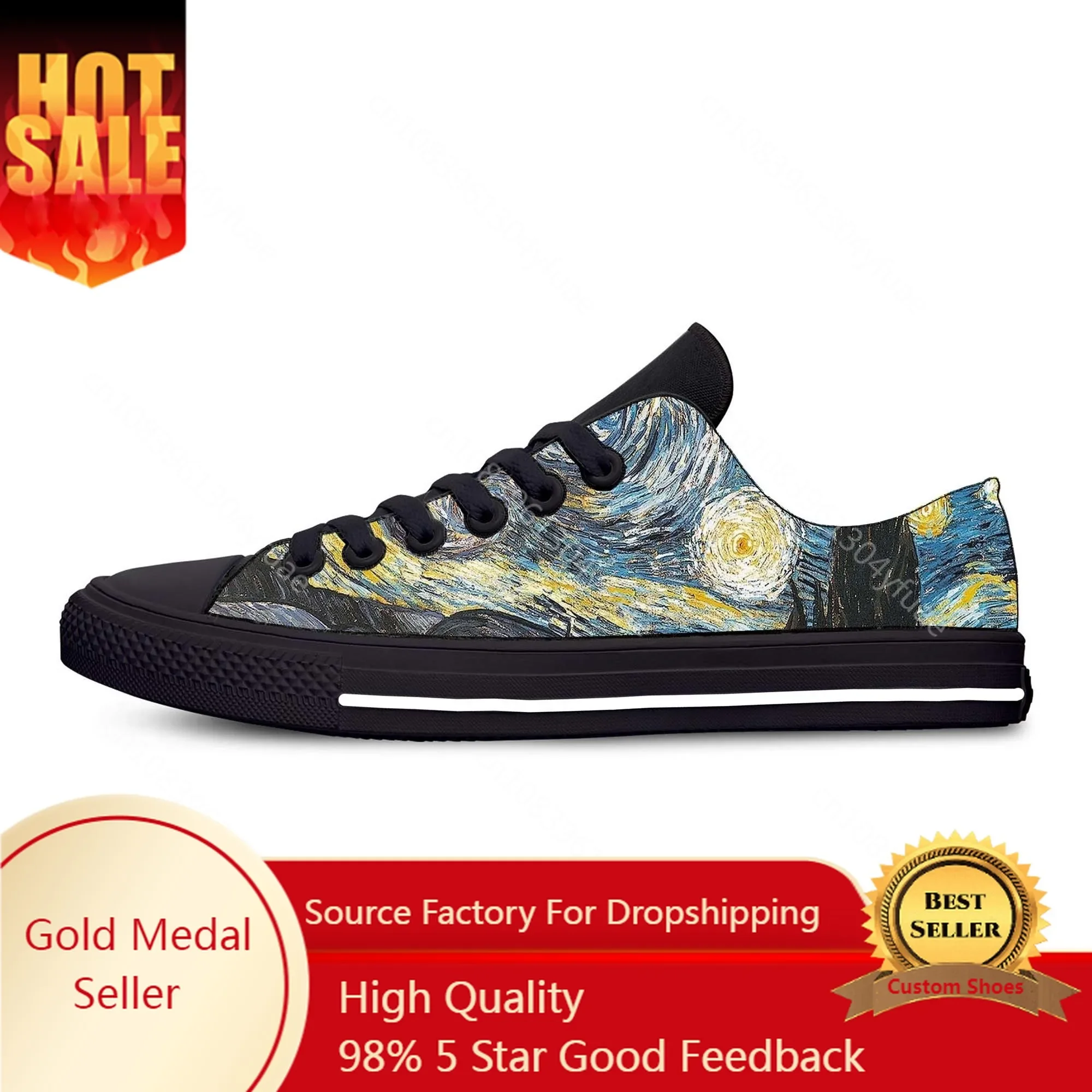 Vincent Van Gogh Starry Night Oil Painting Fashion Casual Cloth Shoes Low Top Comfortable Breathable 3D Print Men Women Sneakers