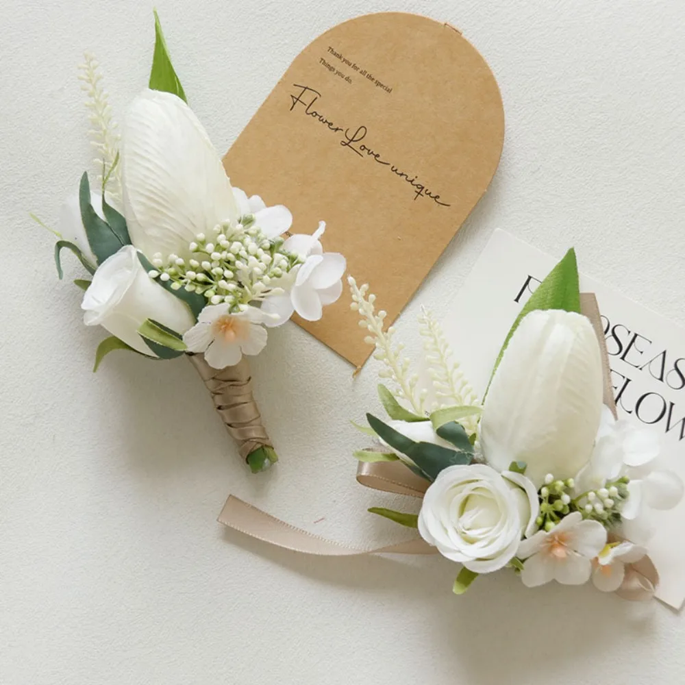 Tulip Corsage and Boutonniere Set for Wedding Prom Artificial Rose Flower Homecoming Corsage Boutonniere for Men Wedding