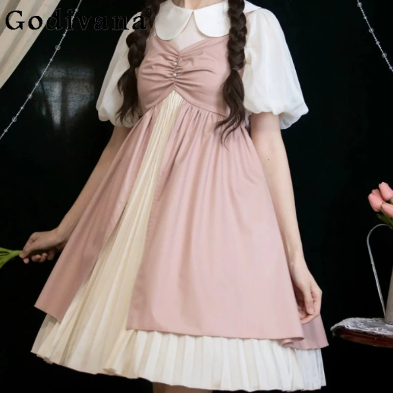 

Spring Summer Elegant V-neck Strapless Cute Suspender Dress Fashion High Waist A-line Big Swing Pleated Dresses with Chest Pad