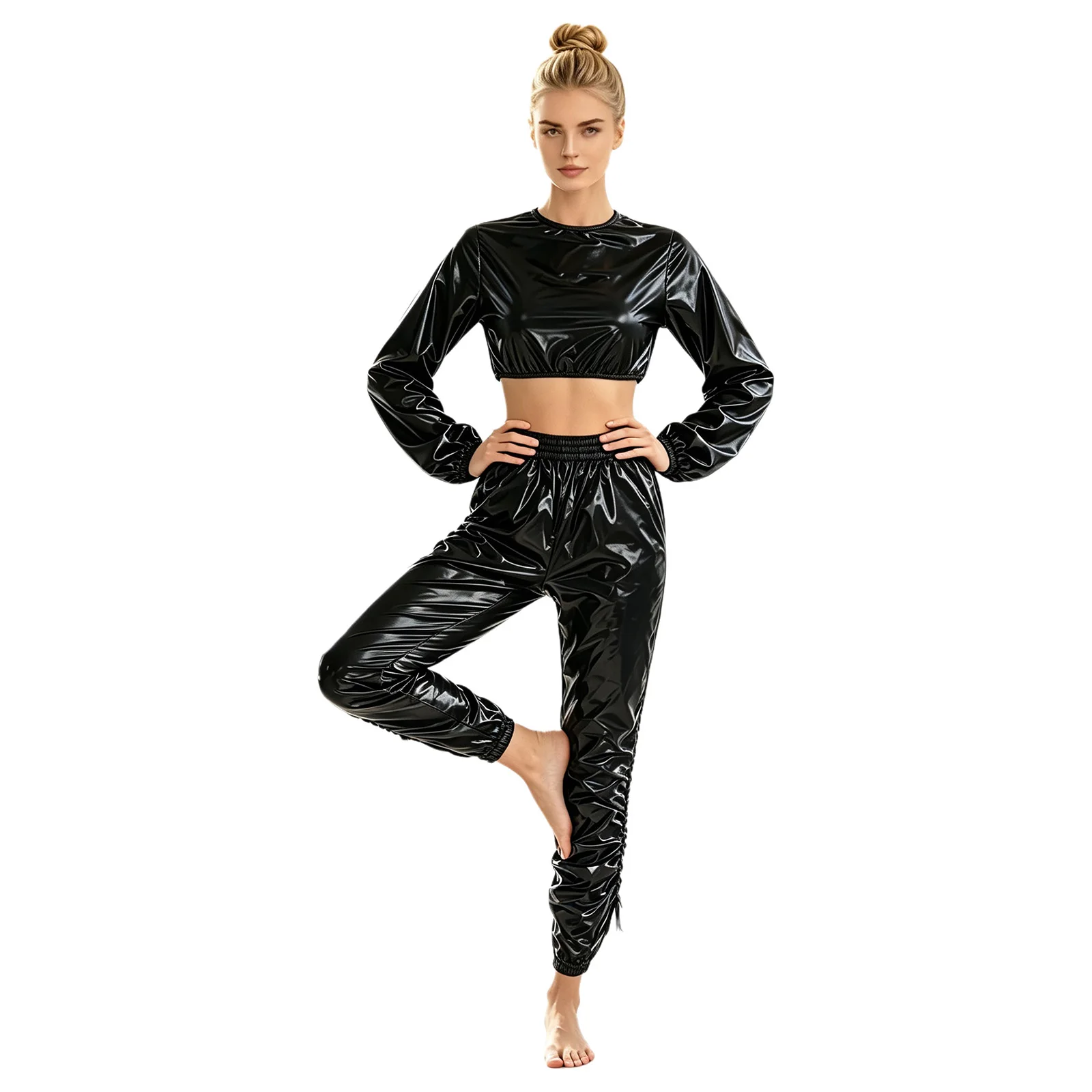 Womens Glossy Two Piece Outfit Vinyl Waterproof Sweat Suit Long Sleeve Crop Top Ruched Joggers Pants Hip Hop Performance Costume