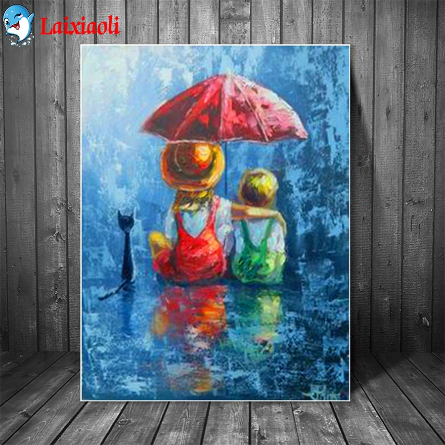 

DIY Diamond Painting Abstract cartoon art, brother and sister under umbrella Diamond Mosaic Cross Stitch Handmade Hobby