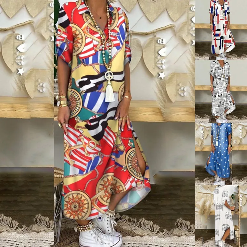 Trendiges, farbenfrohes Hemdkleid mit aufrollten Ärmeln, Kunst-Denim-Kleid mit Sternkragen, locker sitzendes Maxikleid mit bedrucktem Buchstaben-Pullover