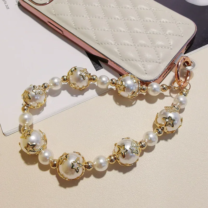 

Ремешок для мобильного телефона, короткий кулон на запястье, пятиконечная звезда, жемчужная цепочка, полый подвесной универсальный чехол для телефона, слинг с защитой от потери