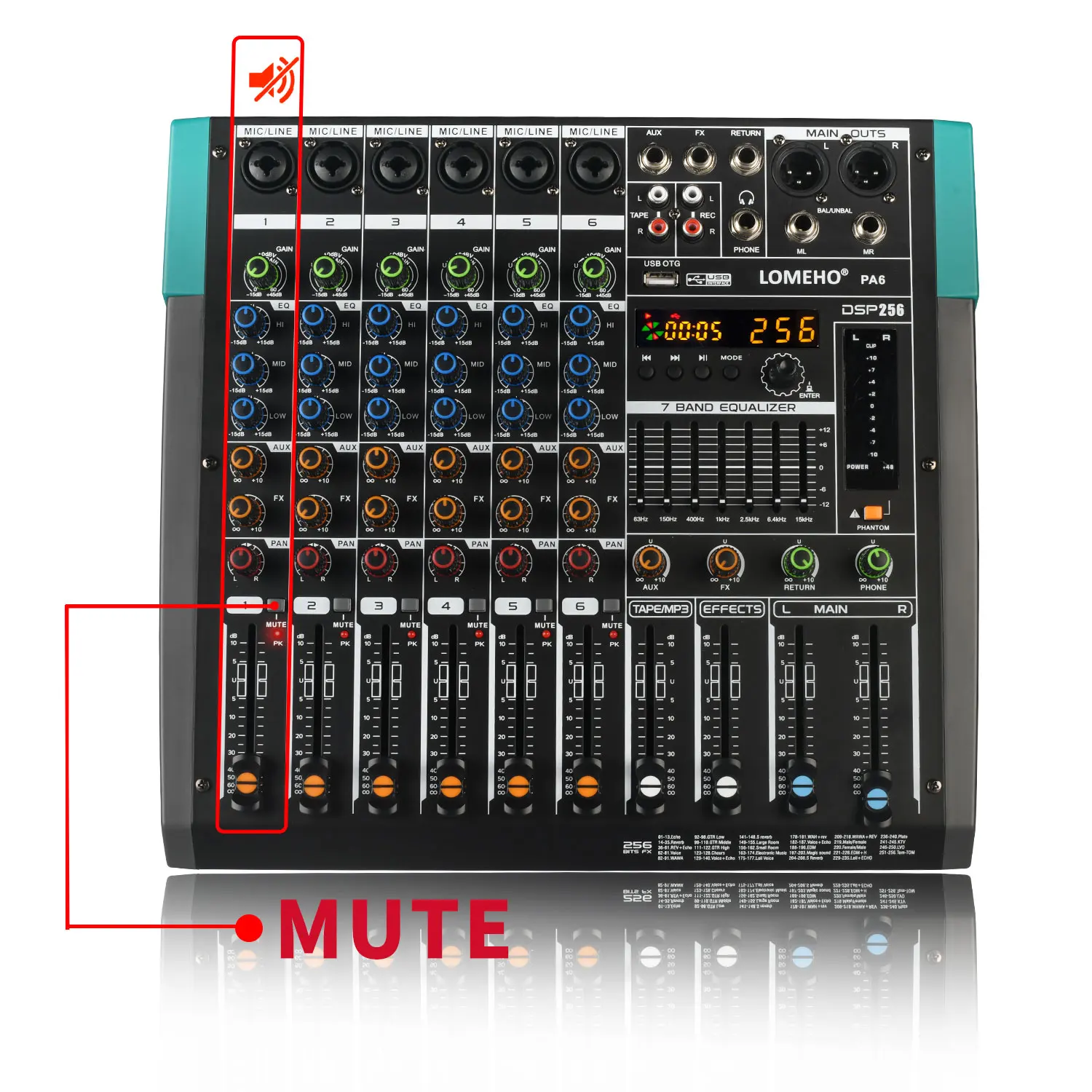 Imagem -04 - Channel Mixing Console Bluetooth 256 Efeitos Digitais Tabela de Som 48v Usb pc Play Gravação dj Mono Audio Mixer Pa6 Lomeho6