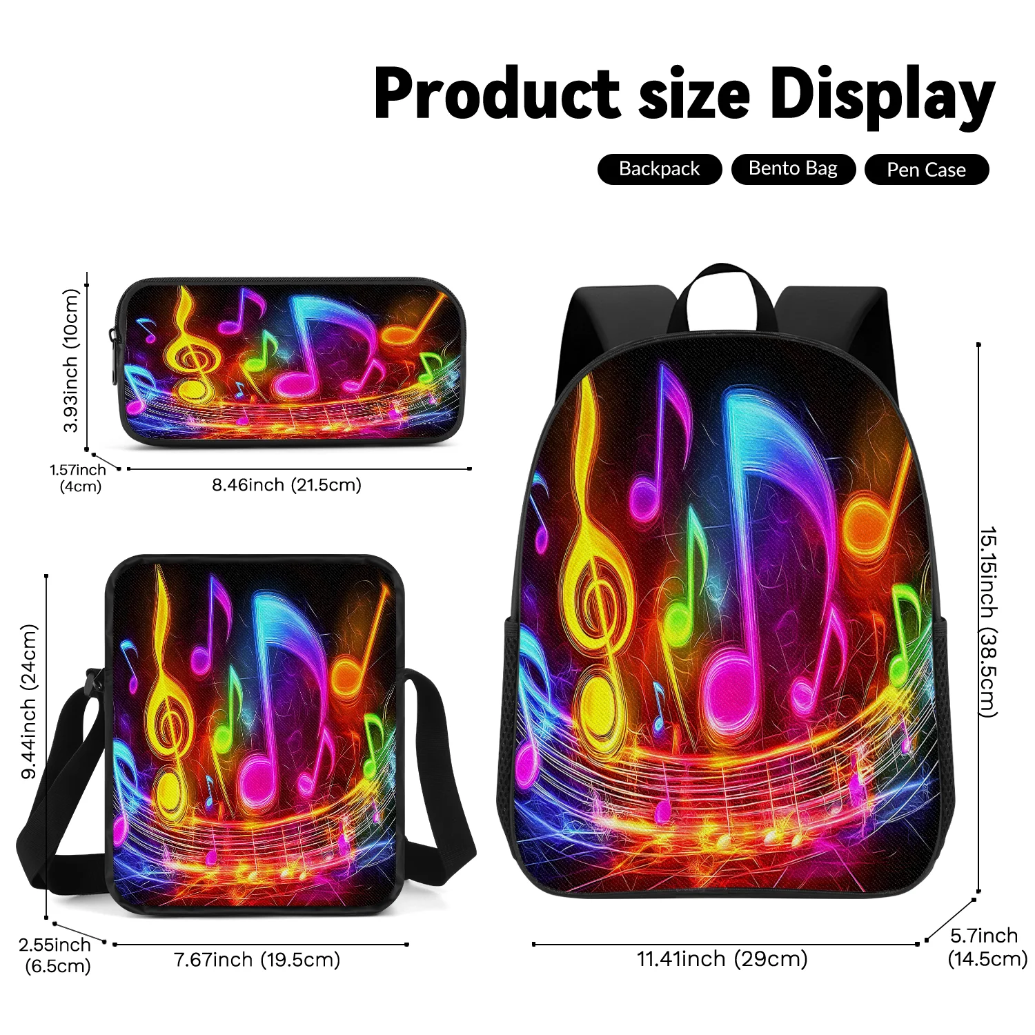 3-Piece Neon Music Note Print Backpack Set, Includes Backpack, Crossbody Bag and Pencil Case, Lightweight Unisex