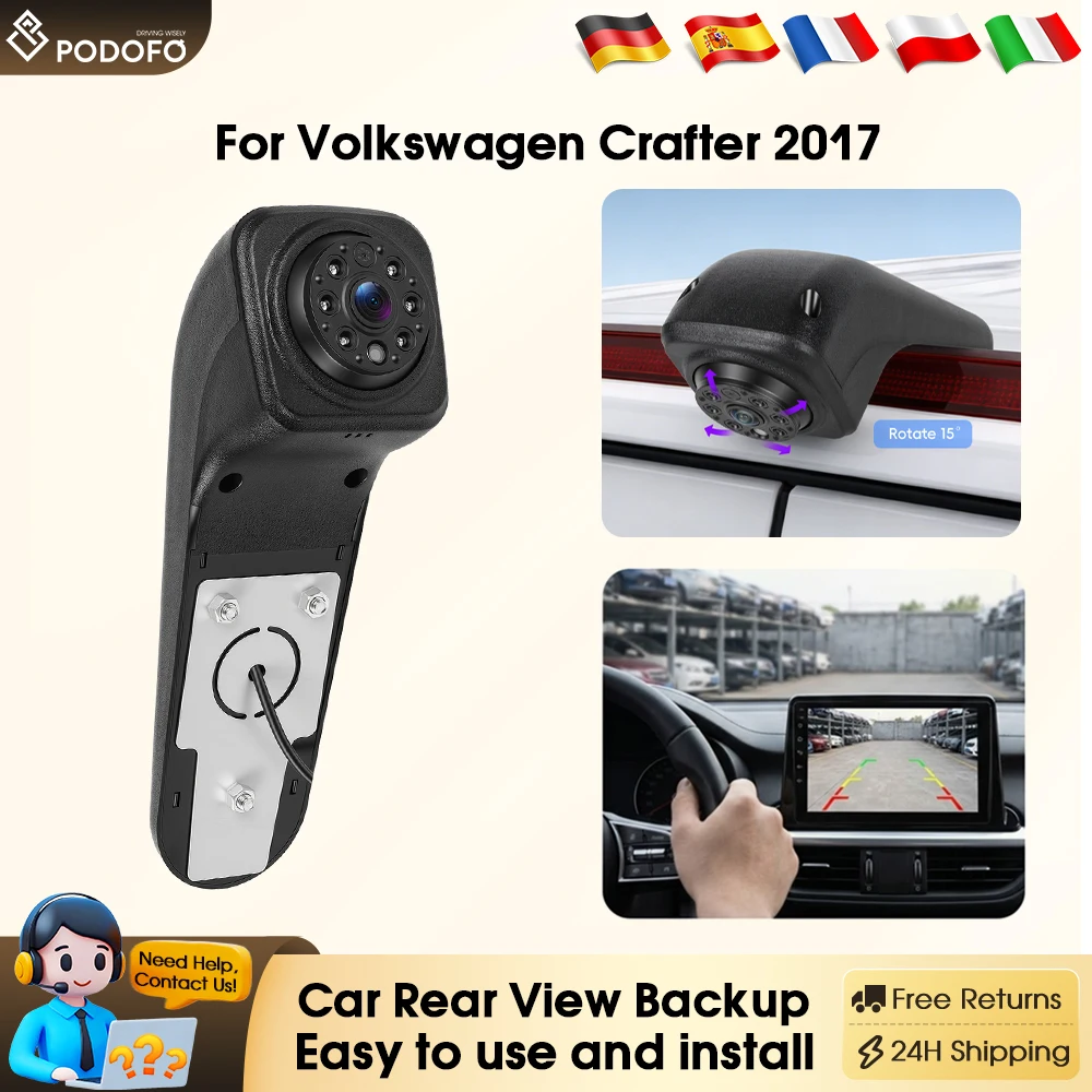 Cámara de visión trasera para coche Podofo, con visión nocturna y luz de freno, para Volkswagen Crafter 2017 140 °   Ángulo de visión HD