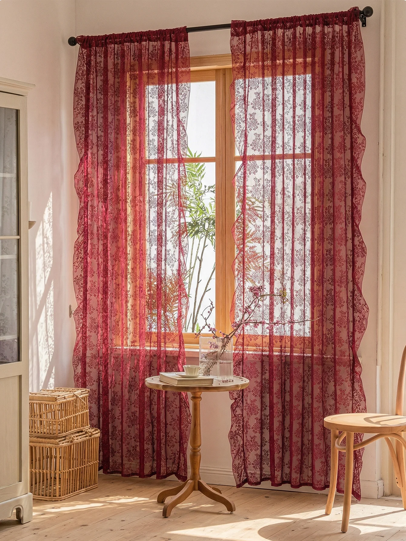 French Country Burgundy Lace Curtains - Vintage Floral Sheer Drapes with Ruffled Edge for Living Room