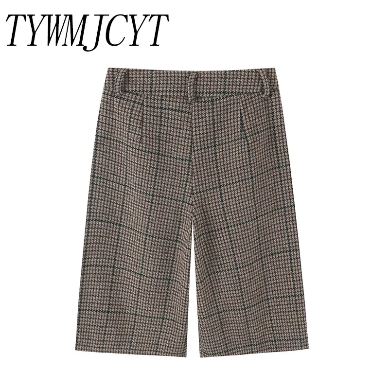TYWMJCYT 2026 Women Plaid Mid Length Shorts High Waist Pleated Front Pockets Woven Fabric Casual Check Straight Shorts