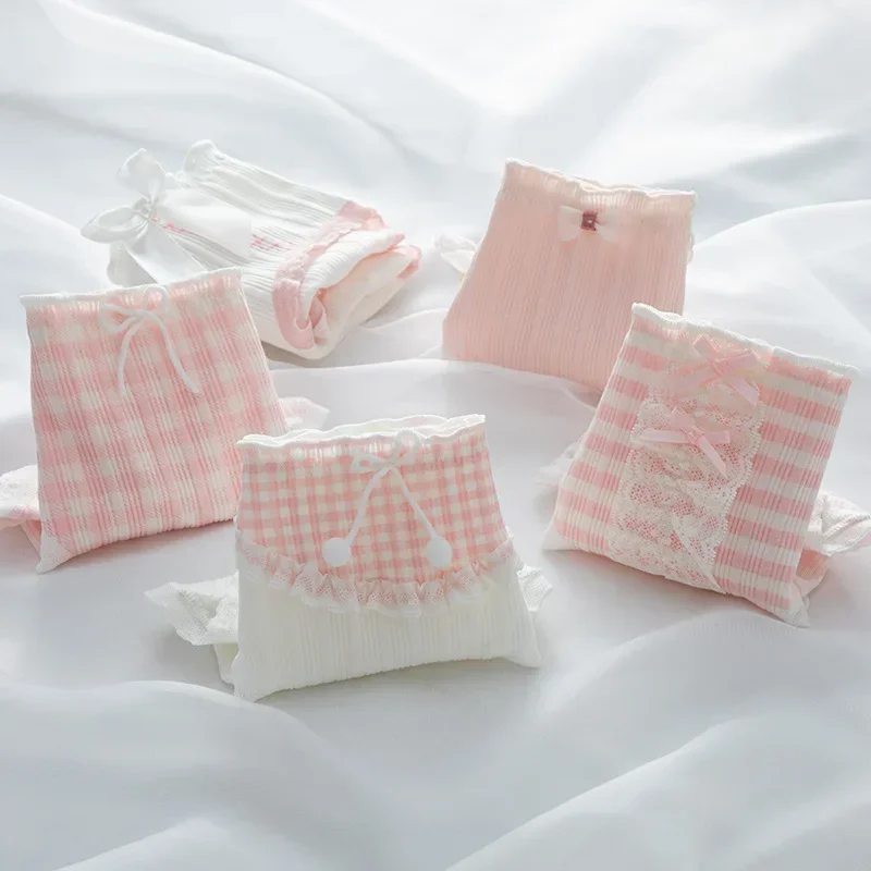 الحلو لطيف الوردي الدانتيل شريط سراويل النساء لوليتا مثير القطن السروال الفتيات منتصف الخصر موضة سلس ملخصات الملابس الداخلية