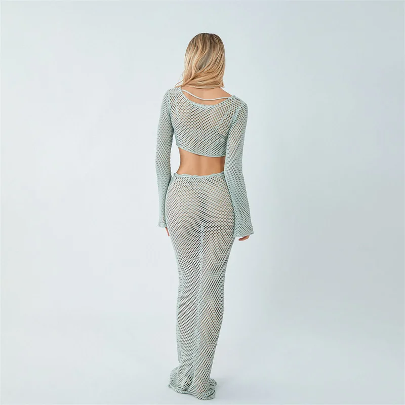 Robe tricotée pour la plage, 2 pièces, Sexy, manches longues, décolleté en V profond, dos nu, haut court ajouré et jupes, Cover-up pour bikini au Crochet