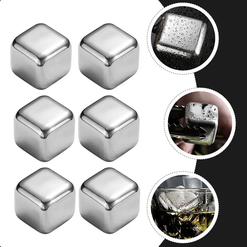 6Pcs Stainless Steel Wine Rocks Reusable Whiskey Stones Non-Diluting Coolers for Bourbon Beer Wine Home Bar Cafe Office Use