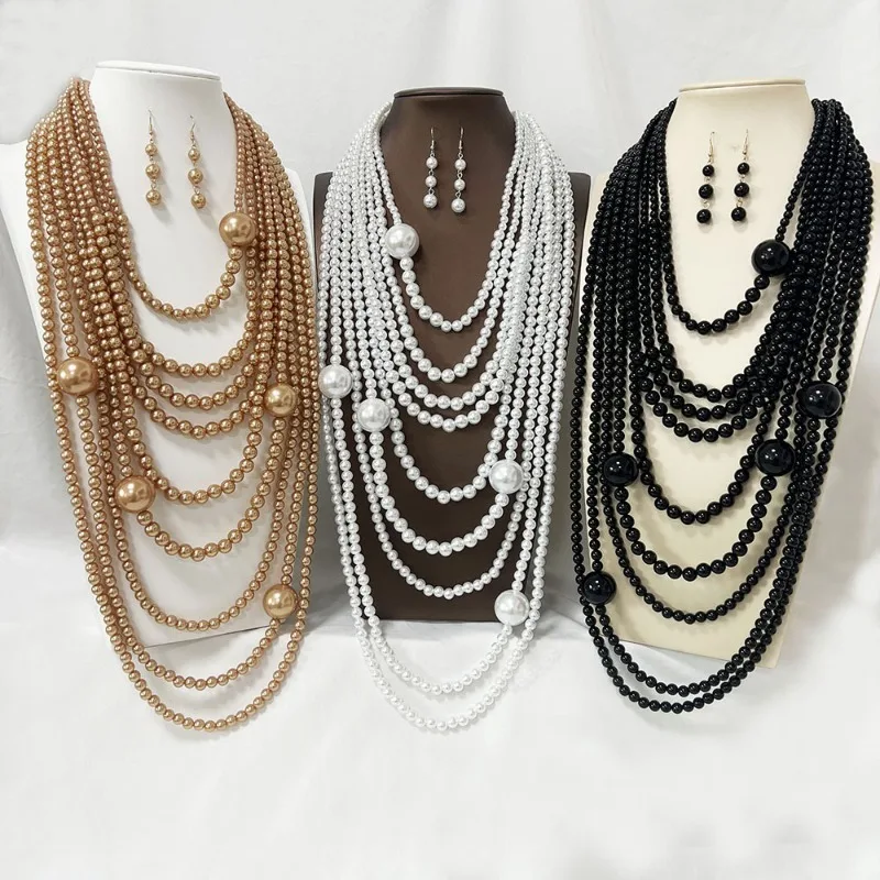 

Exaggerated Multi-layer Imitation Pearl Choker Necklace Women Luxury Long Tassel Pendant Sweater Chain Bridal Wed Jewelry