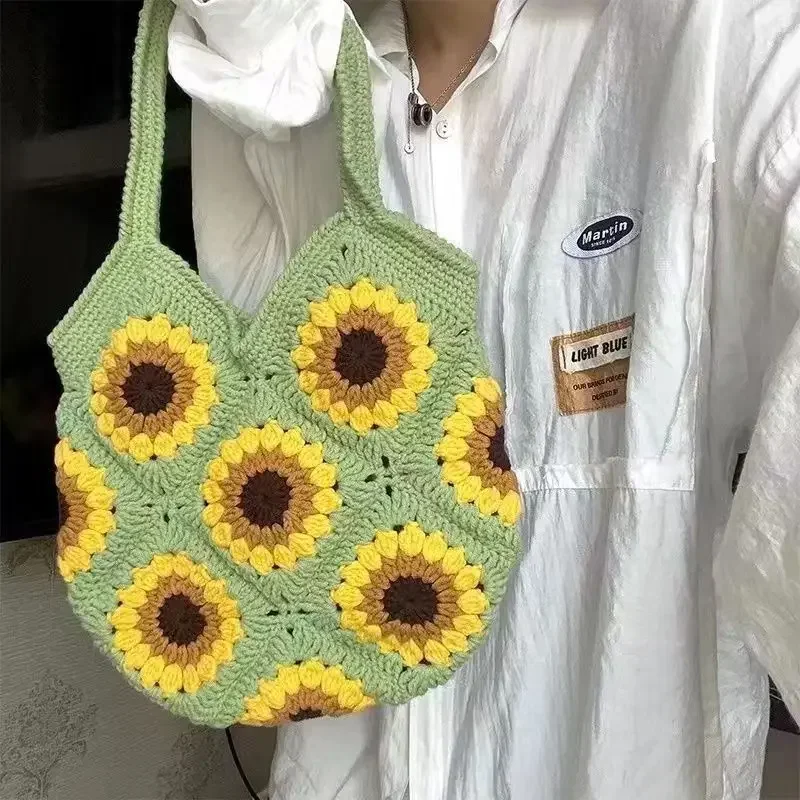 1pc fatto a mano girasole singola spalla zaino borsa da donna senza fodera signora Versatile chiave del telefono borsa all\'uncinetto fai da te borsa