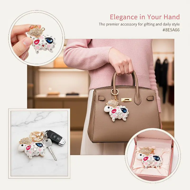 Niedlicher Schlüsselanhänger mit Strass-Schaf-Motiv, Hochwertiger Metall-Zinklegierungs-Schlüsselanhänger für Damen und Kinder, Taschenanhänger, Accessoire, Geschenk – Detail 3