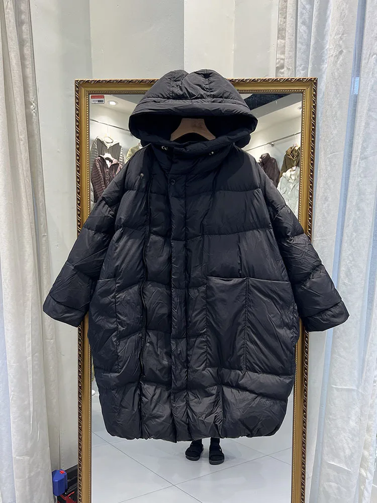 Veste longue en duvet de canard blanc avec capuche pour femme, manteau surdimensionné, vêtements d\'extérieur chauds, grandes poches, style coréen,