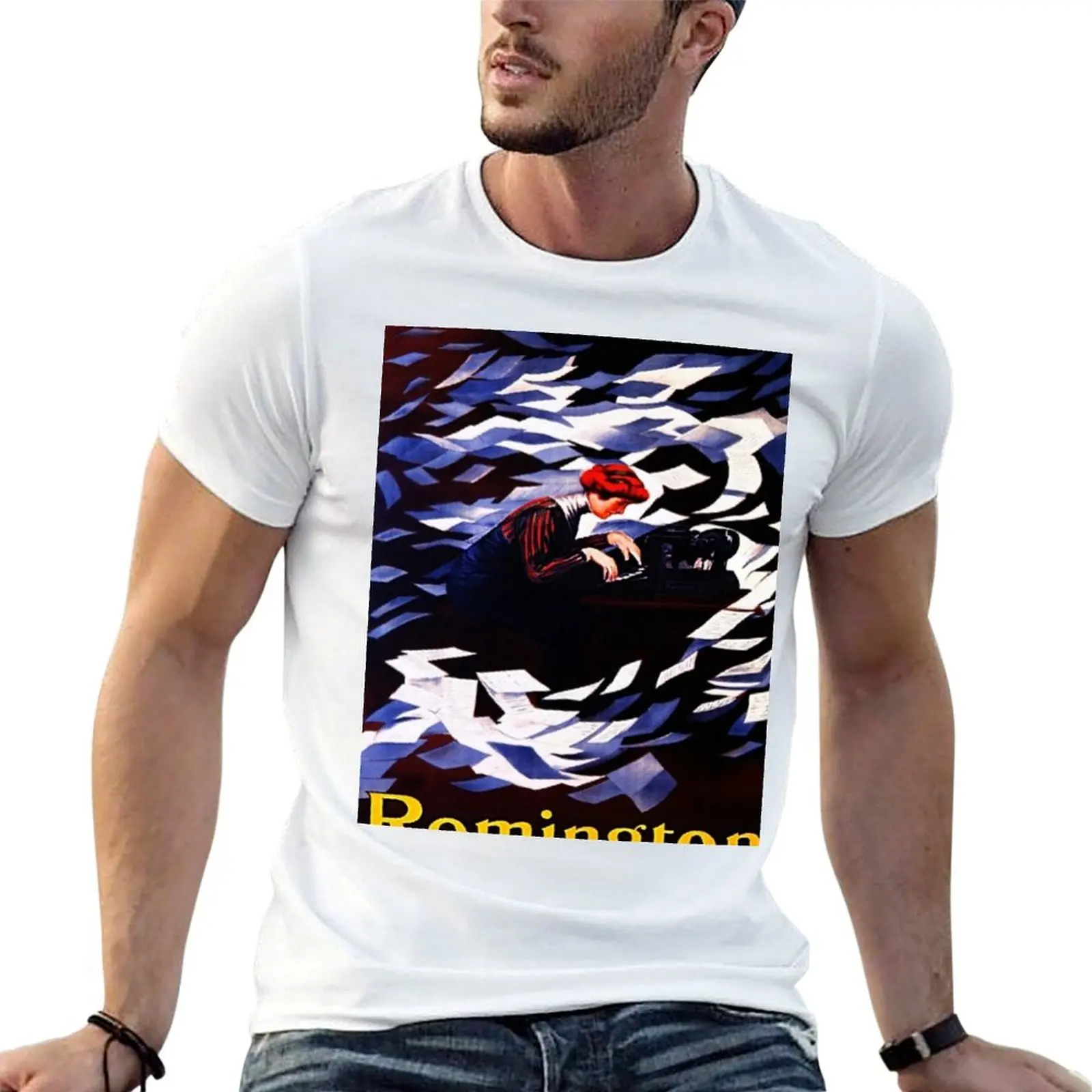 

Vintage Remington Typewriter Lithograph of Woman Typing Wall Art T-Shirt anime t shirts for man men t shirt cotton 100% T-Shirt