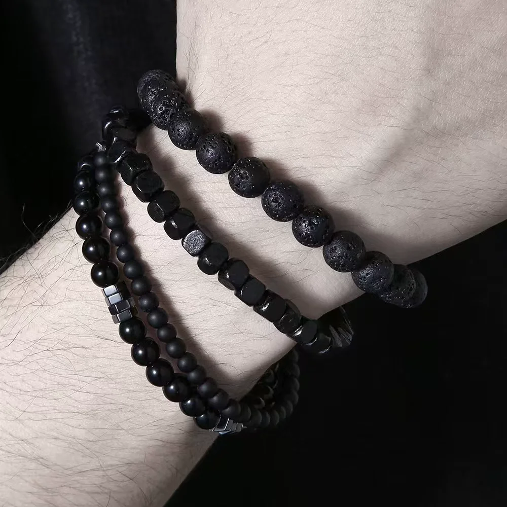 Ensemble de bracelets streetwear noirs, 4 bracelets en pierre de lave volcanique et onyx, bijoux tendance hip-hop