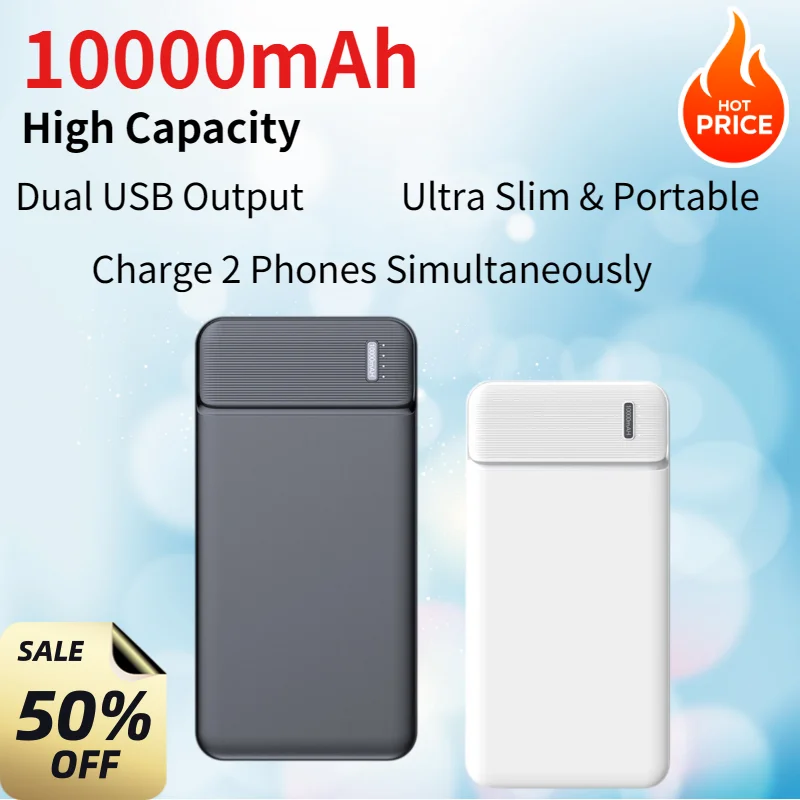 10000mAh Portable Power Bank Dual USB Output External Battery Pack Slim Powerbank Charge 2 Phones Simultaneously For Smartphone