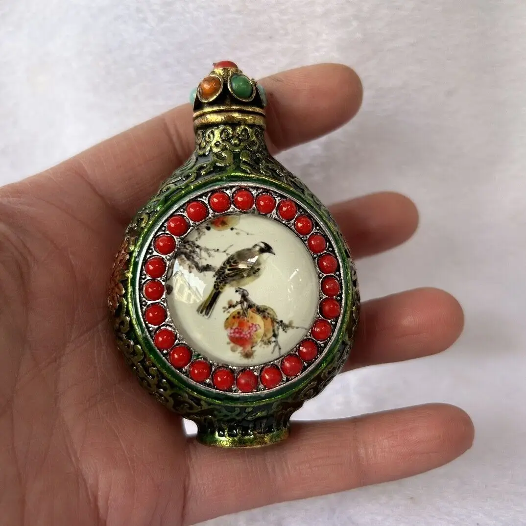 Perfect Chinese Hand-painted Bird Luminous Snuff Bottle Copper Inlaid Gem  Decor