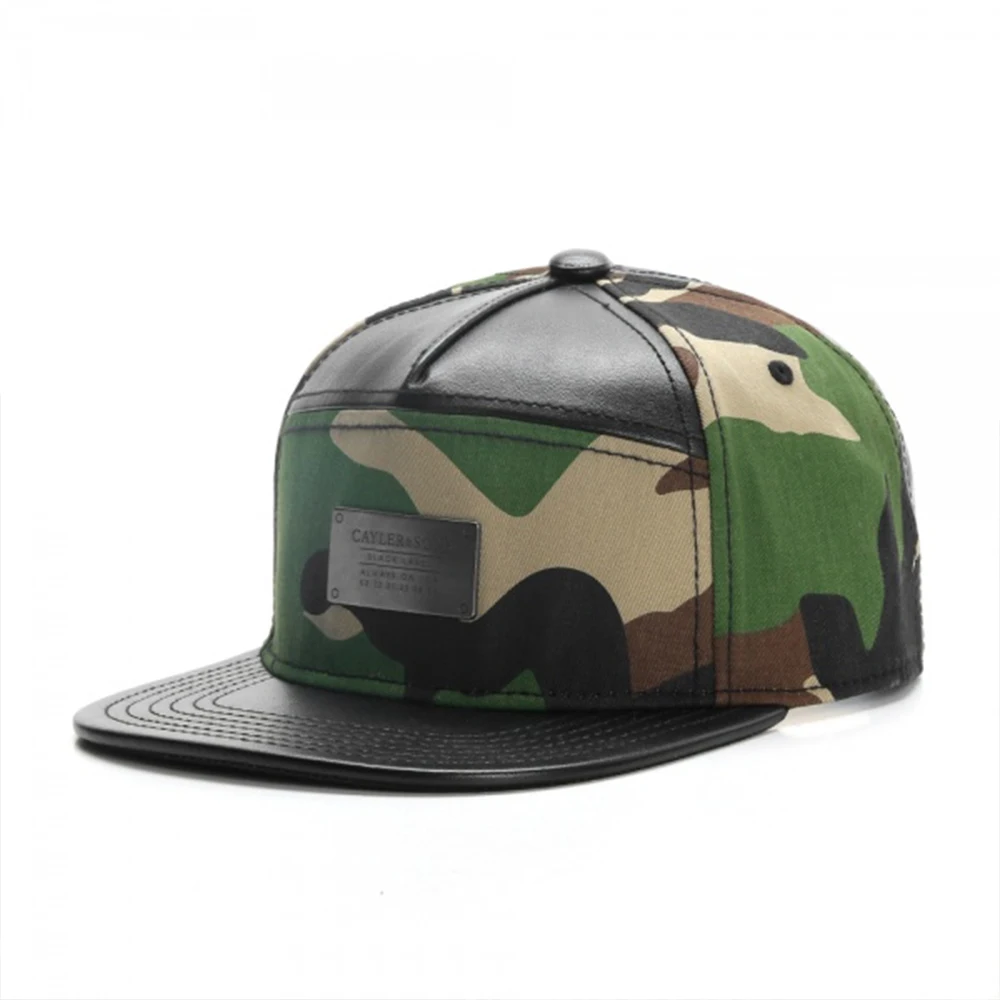 New Adjustable Camouflage Flat Brim Leather Hat Urban Outdoor Streetwear Hip Hop Durable Unisex Sports Beach Basketball Camo Cap