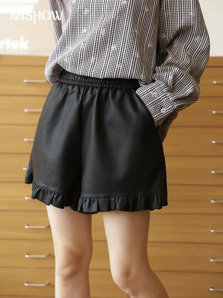 MISHOW Autumn Women's Solid Color PU Leather Shorts High Waist Stretchy Elastic A-Line Slim Ruffle Hem Casual Shorts MXE42K1068