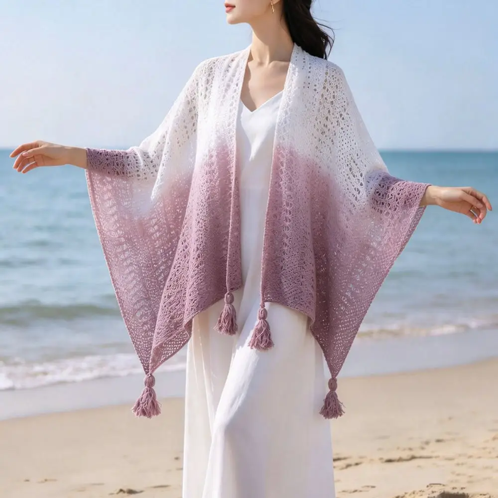 Ladies Fashion Hollow Knit Shawl Tassel Wrap Elegant Crochet Cape Soft Air Conditioning Scarf Spring Summer Shrug