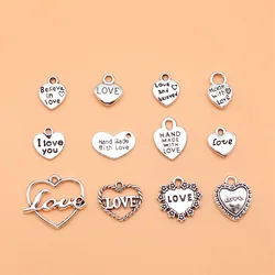 12pcs Antique Silver Color Love Heart Charms Collection For DIY Jewelry Making, 12 Styles, 1 of Each
