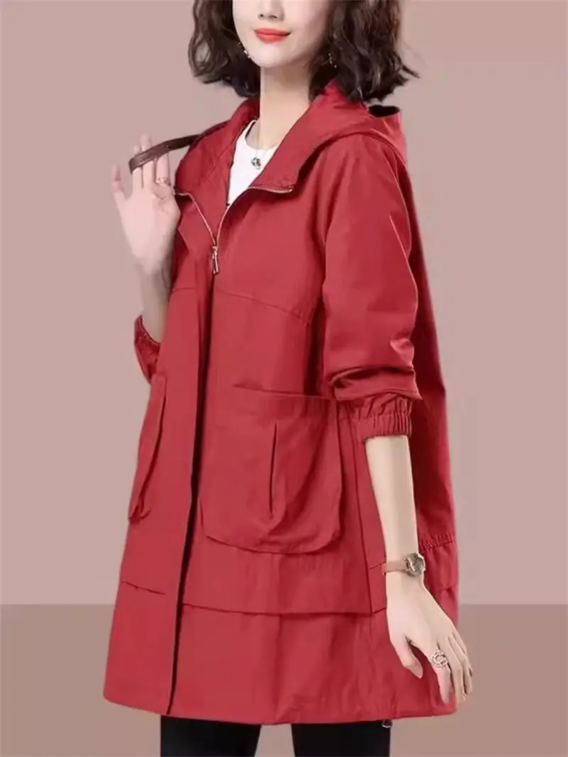 

Windbreaker Coat Women In Spring And Autumn 2024 New Mid Length Middle-Aged Oversized Mothers Clothing Hooded Jacket K655