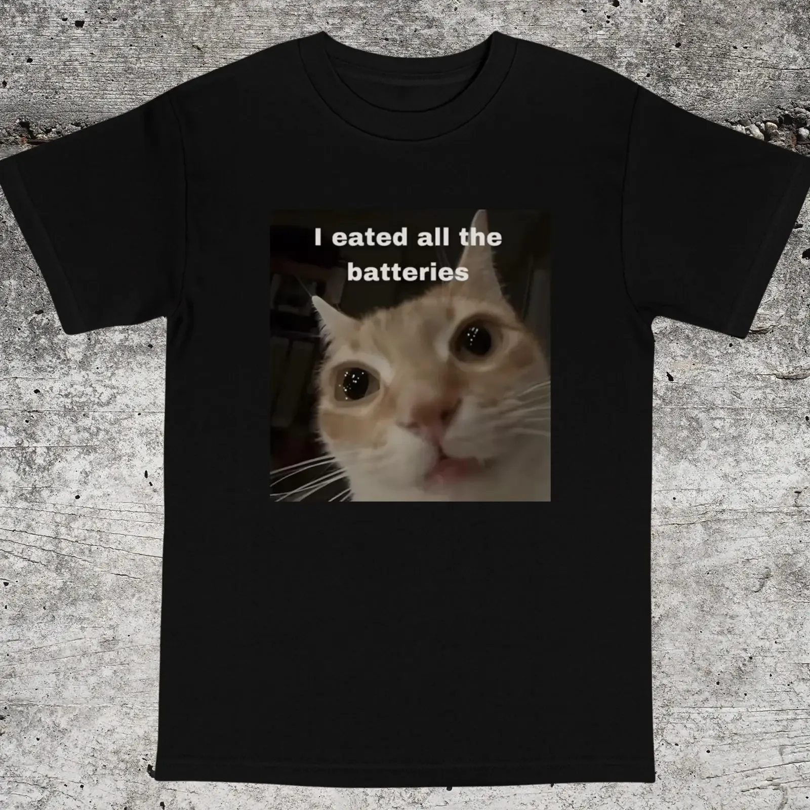 I Eated All The Batteries Funny Cat Meme T Shirt Viral Silly Cursed Humor for Fans vintage Washed Top For Everyday Wear