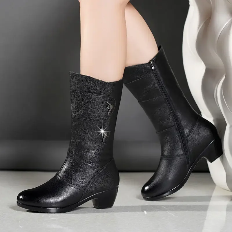 Fashion Middle Boots Winter Women\'s Korean Style Low Heel Solid Color Fleece Warm Plus Size Outdoor Anti-Skid Boots