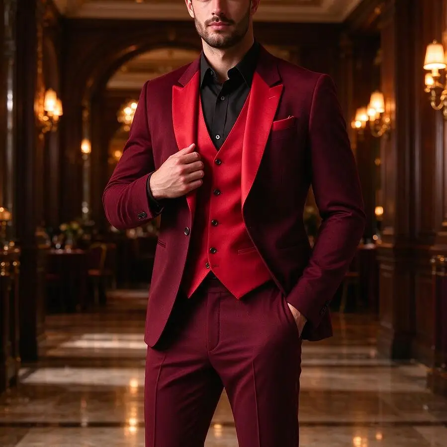 New New Men's 3 Piece Suit Burgundy Jacket Pants Red Lapel Vest Slim Fit Wedding Groom Tuxedo Formal Party Blazer Waistcoat Trousers - Aliexpress Deal