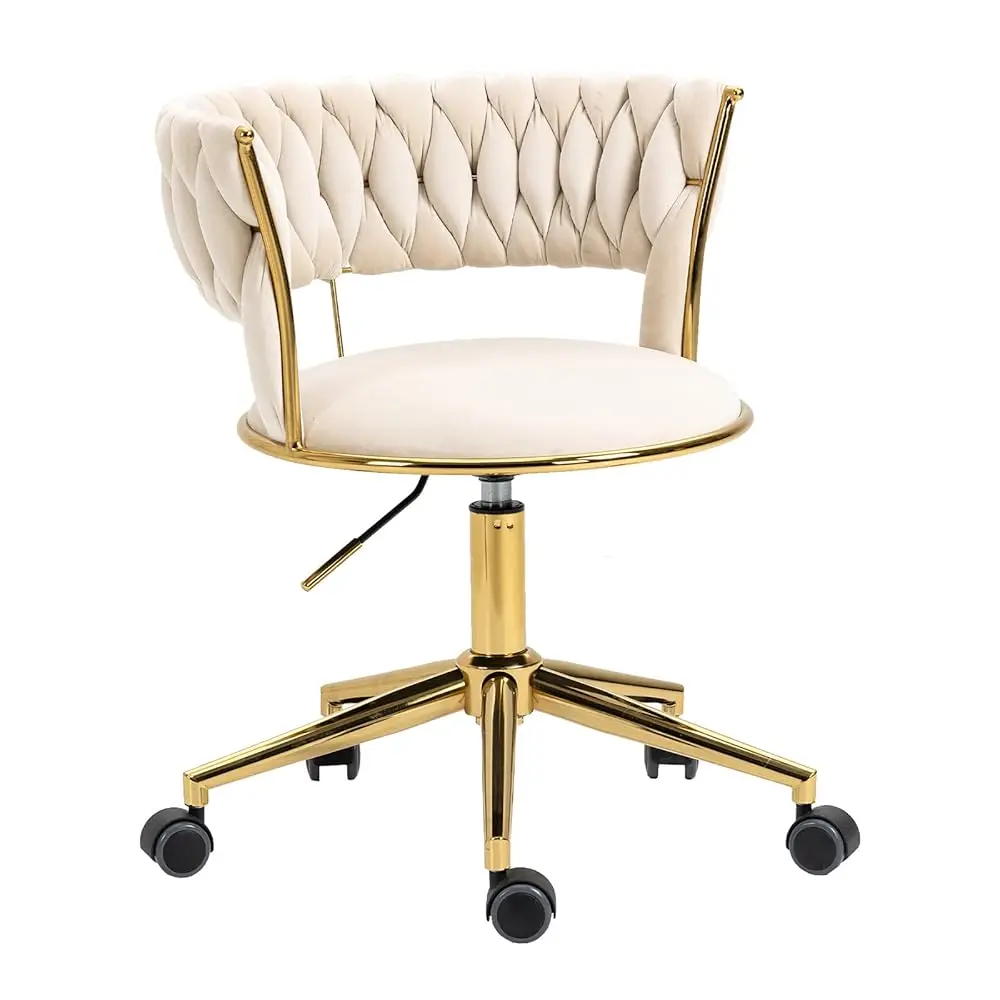 Velvet Office Desk Chair With Hand Woven Backrest, 360° Swivel & Height Adjustable Task Chairs, Makeup Chair, Living Room