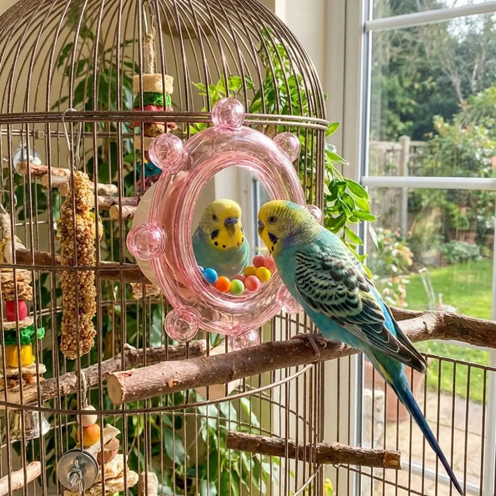 

Colorful Ball Parrot Mirror Spinning Puzzle Bite Resistant Bird Mirror Perch with Bell Wear-Resisting Bird Flying Saucers