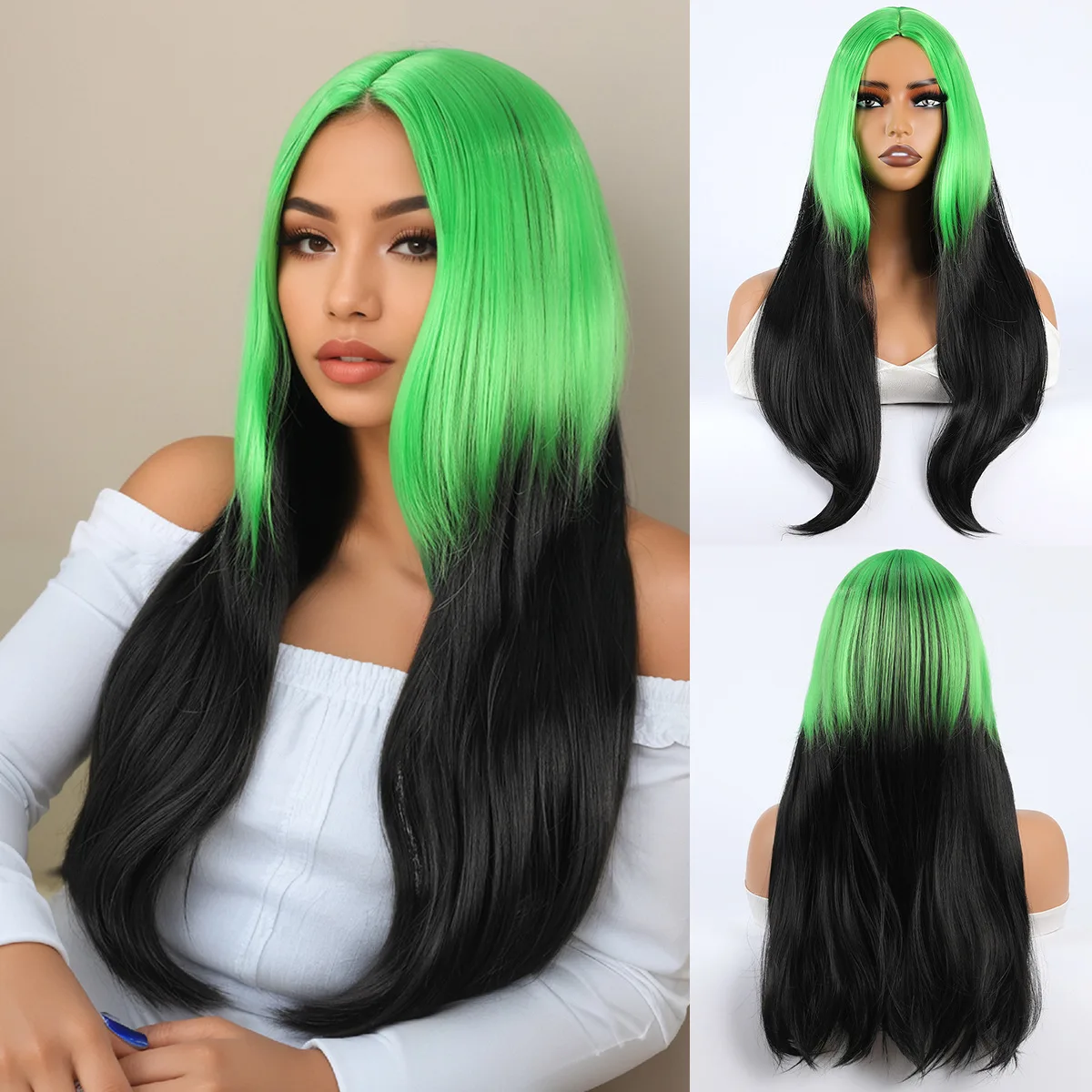 Cross border hot selling gradient green black long wig European and American style fashionable wig