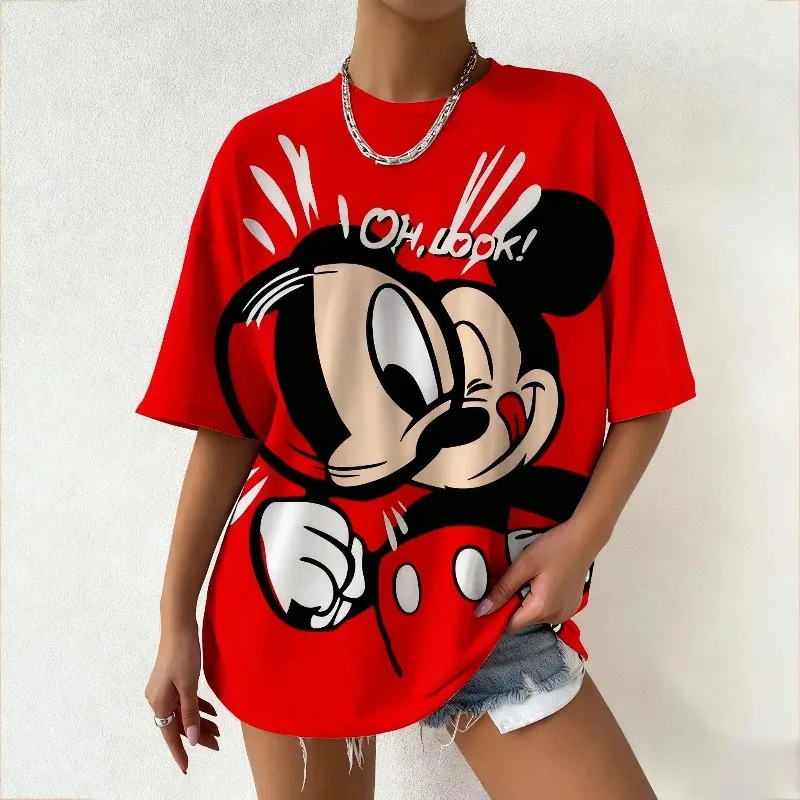 

2026 Summer Mickey Mouse Oh Look Printed Women Tshirt Cartoon Graphic Tee Oversized Vintage Streetwear Fashion Y2k Tops MOTO