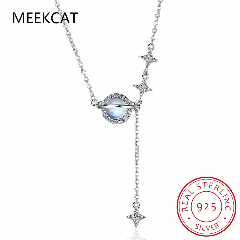 Round Natural Colorful Moonstone 925 Sterling Silver Planet Star Tassel Pendant Necklace for Women Gemstone Jewelry Choker Prata